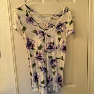 T.La Purple and Green Floral V-Neck Tee from Anthropologie